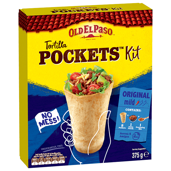 a pack of Old El Paso's mild tortilla pockets kit containing tortilla pockets, salsa pouch & seasoning mix (375g)