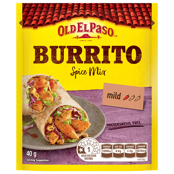 a pack of Old El Paso's mild burrito spice mix (40g)